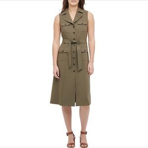 Calvin Klein, Size 4, Army Green Notch Lapel Button-Down Belted Sleeveless Dress
